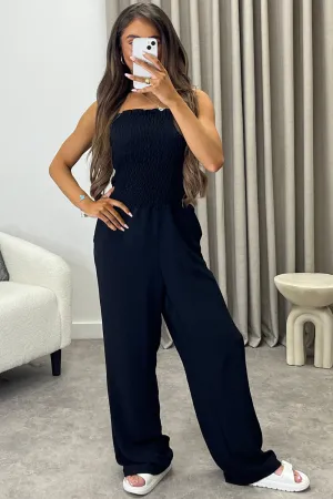 Jules Black Shirred Bandeau Wide Leg Jumpsuit