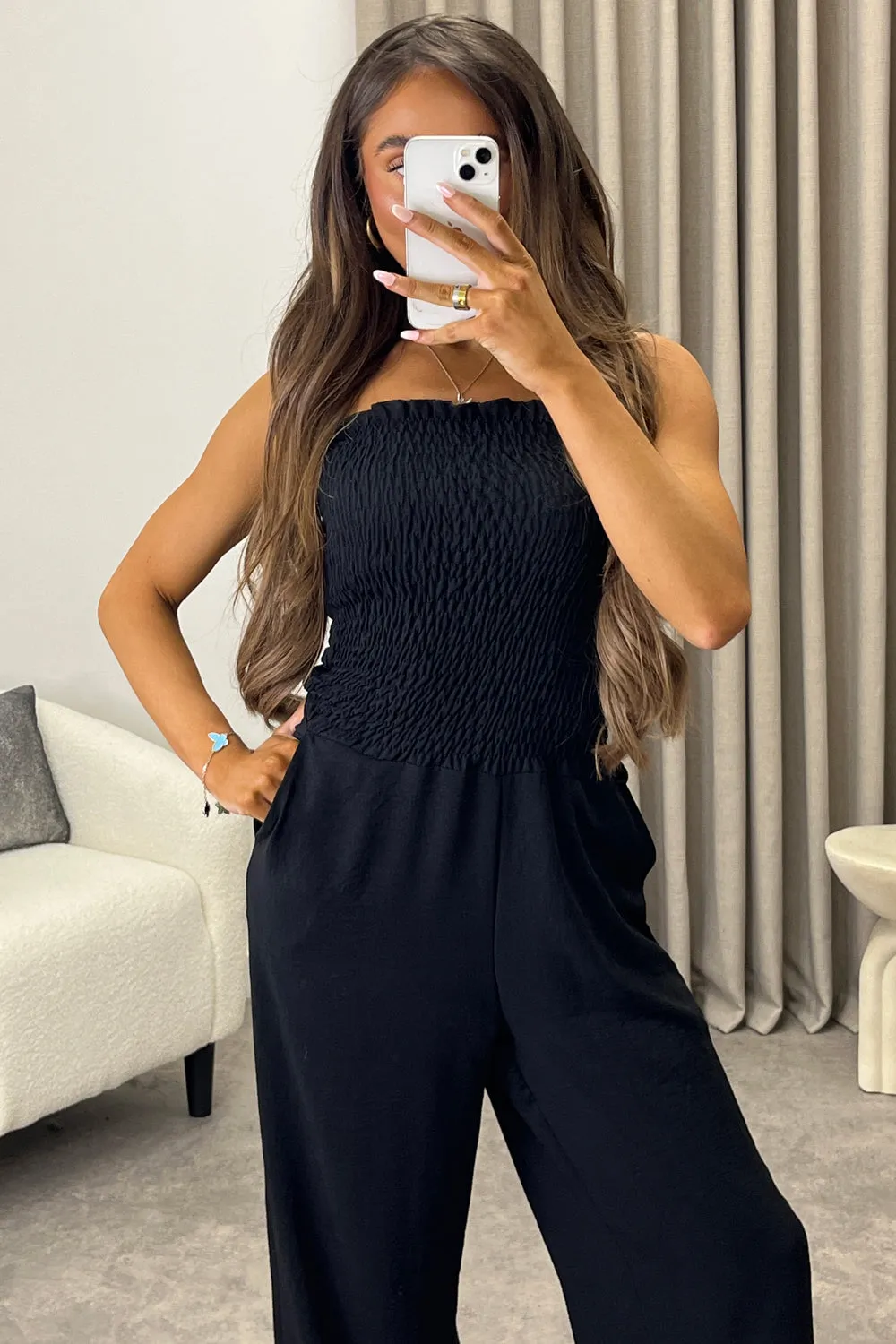Jules Black Shirred Bandeau Wide Leg Jumpsuit