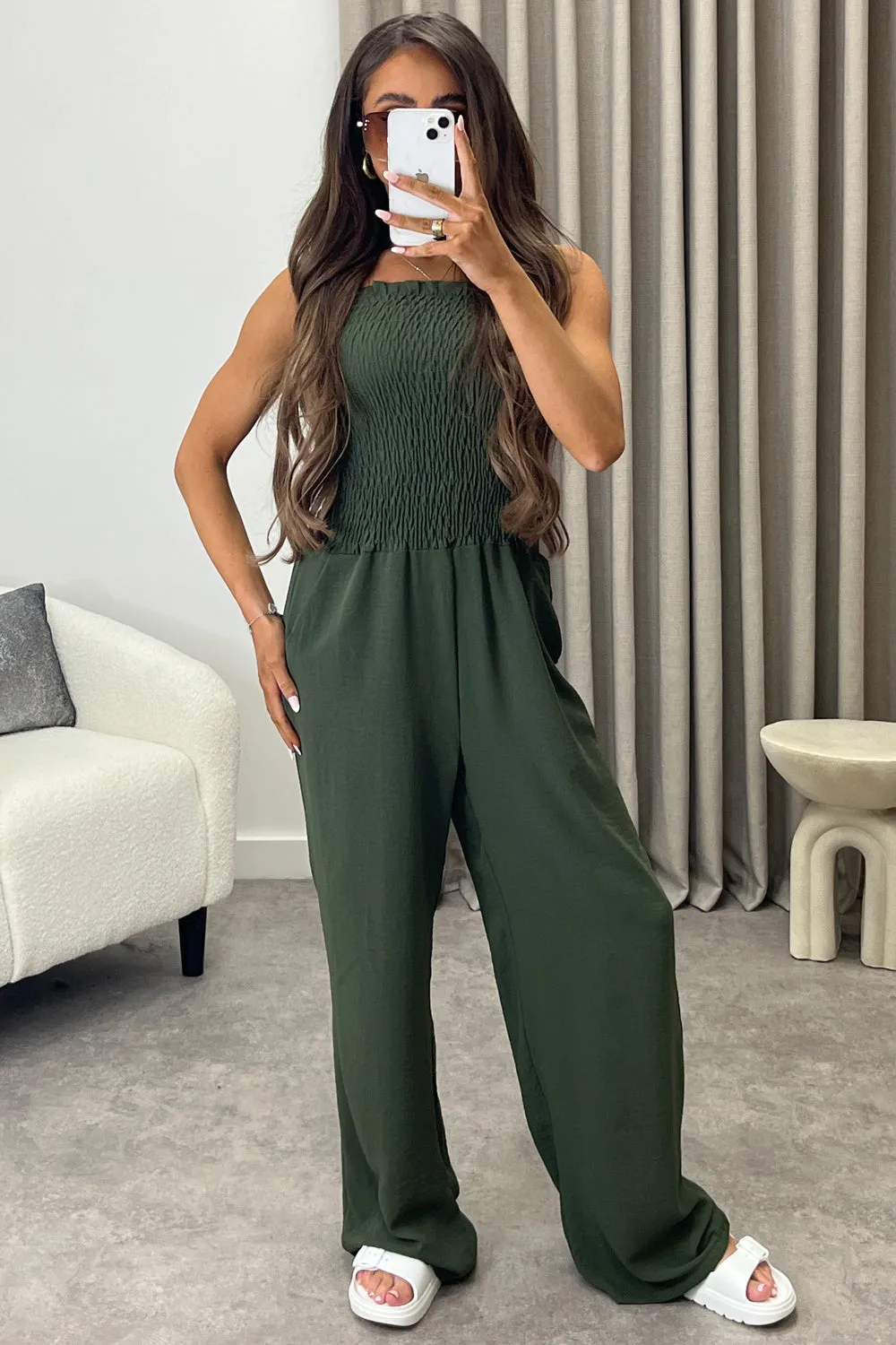 Jules Khaki Shirred Bandeau Wide Leg Jumpsuit