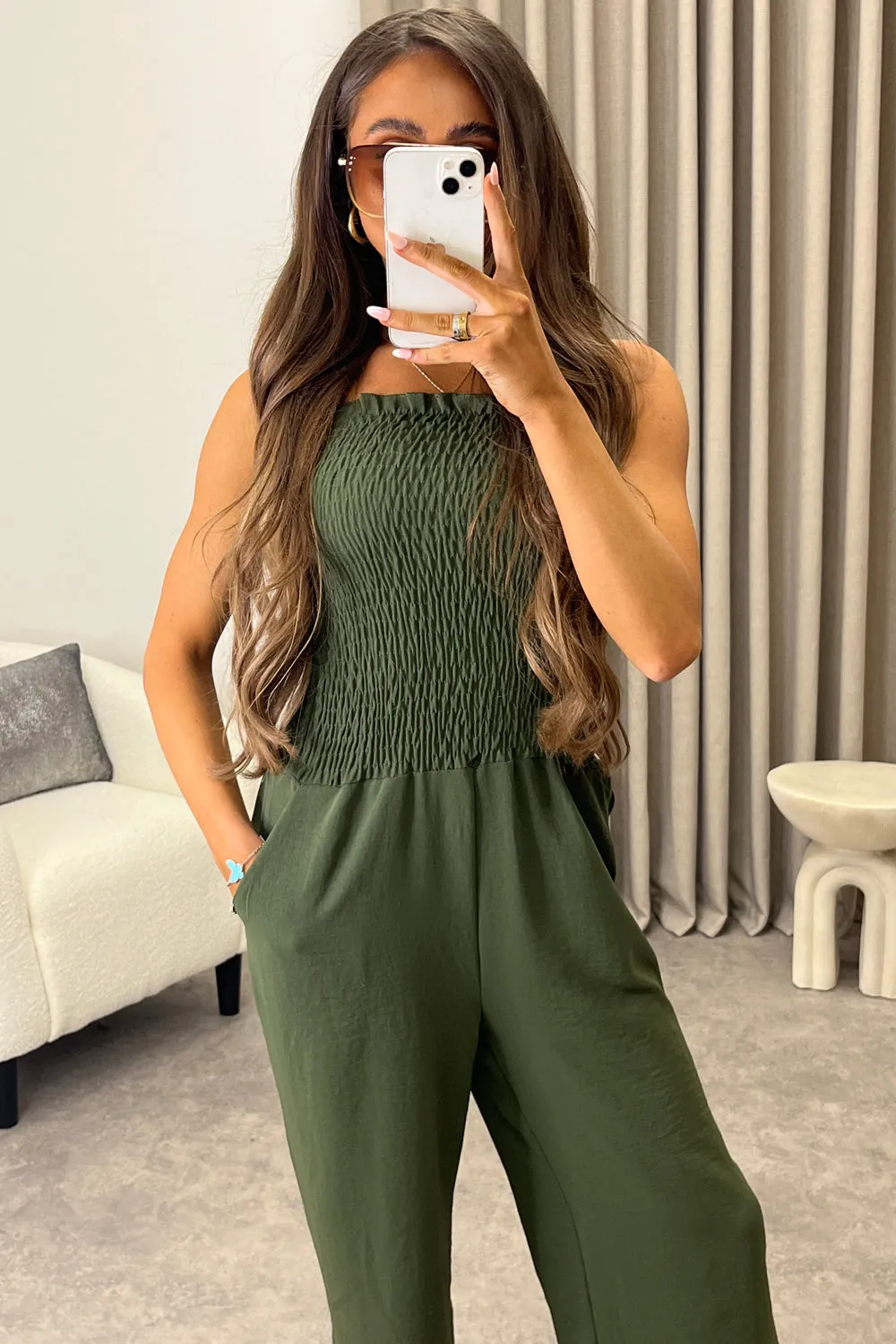 Jules Khaki Shirred Bandeau Wide Leg Jumpsuit