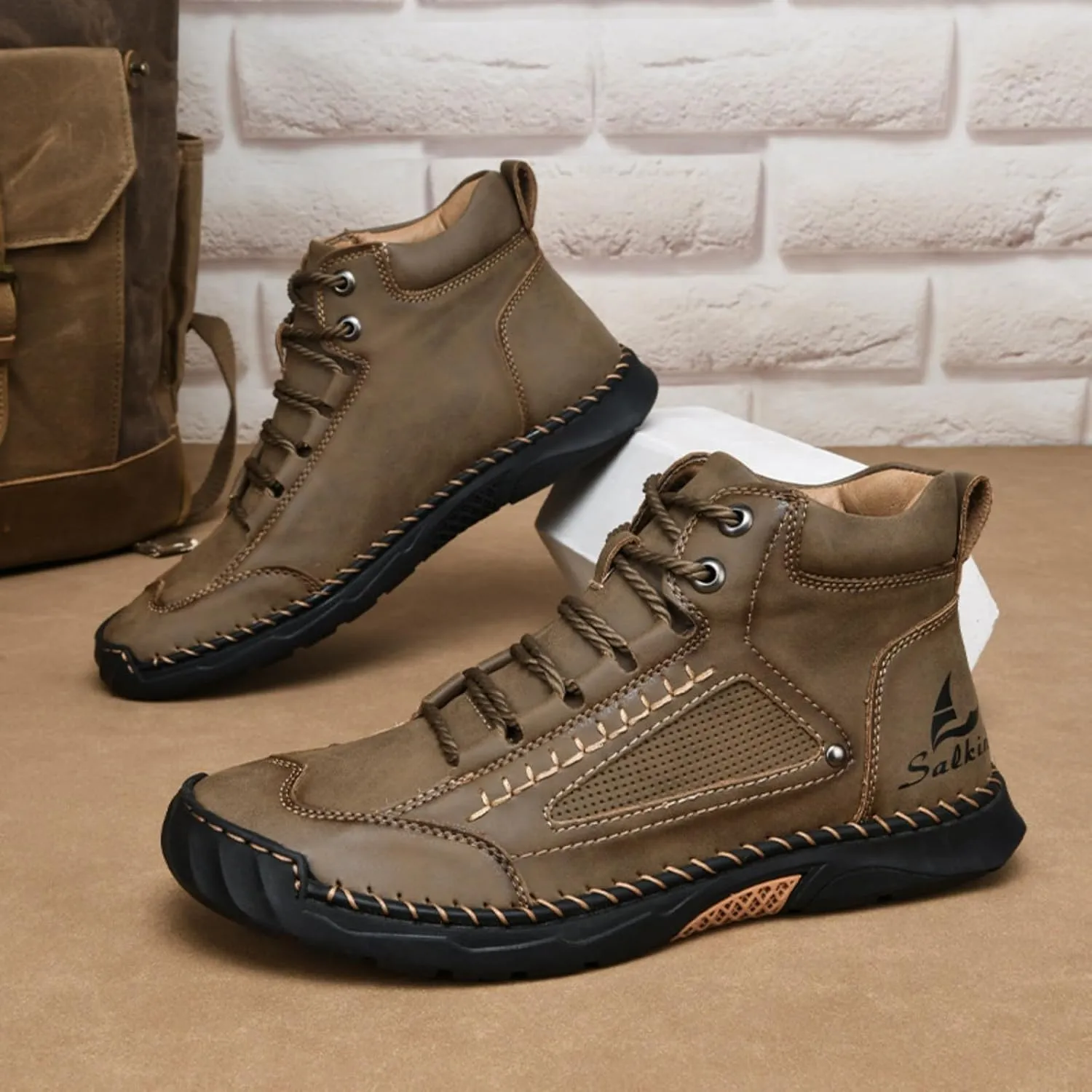 LELEBEAR Sawbehind Mens Boots Waterproof Leather Shoes, Comfortable Handmade Outdoor Boots with Arch Support and Non-Slip Rubber Sole