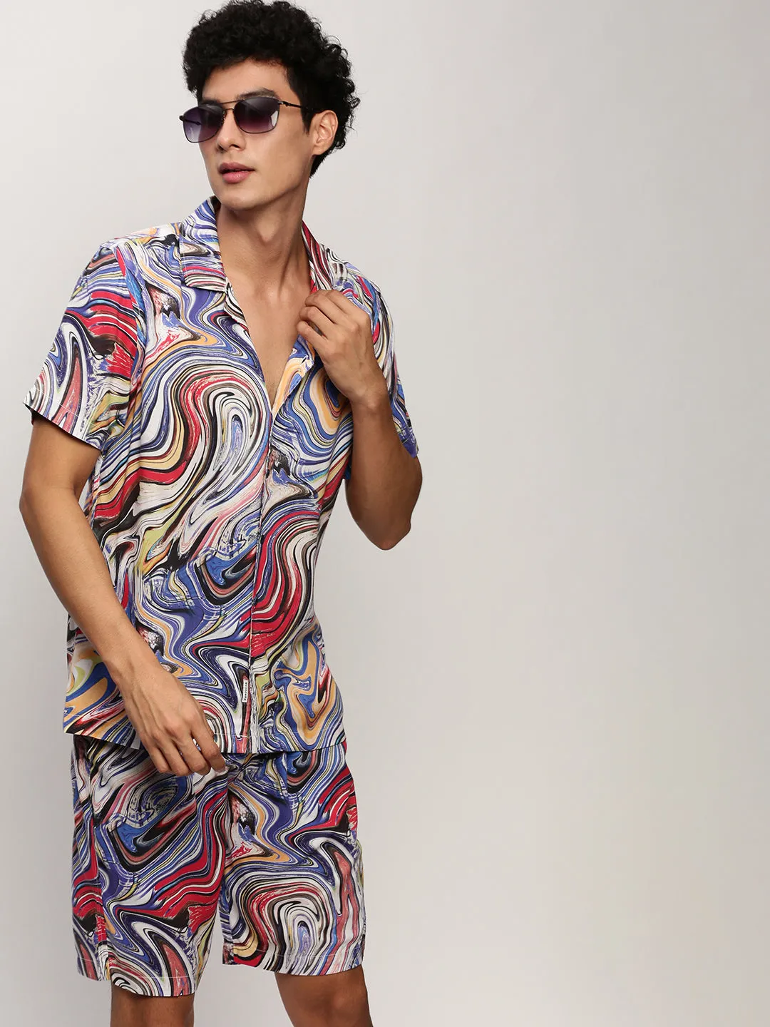 Men Blue Abstract Printed Shirt Collar Co-Ords Set