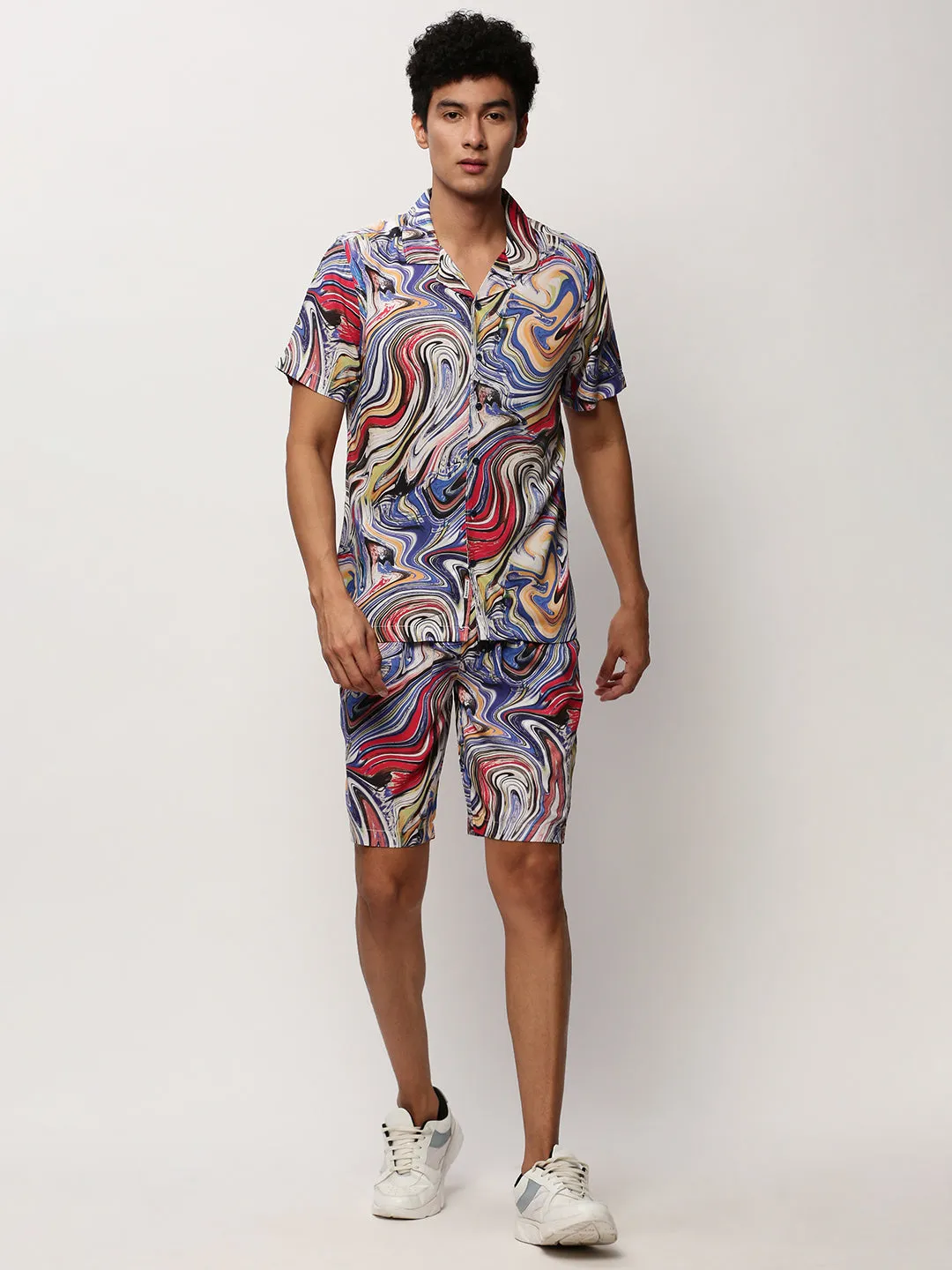 Men Blue Abstract Printed Shirt Collar Co-Ords Set