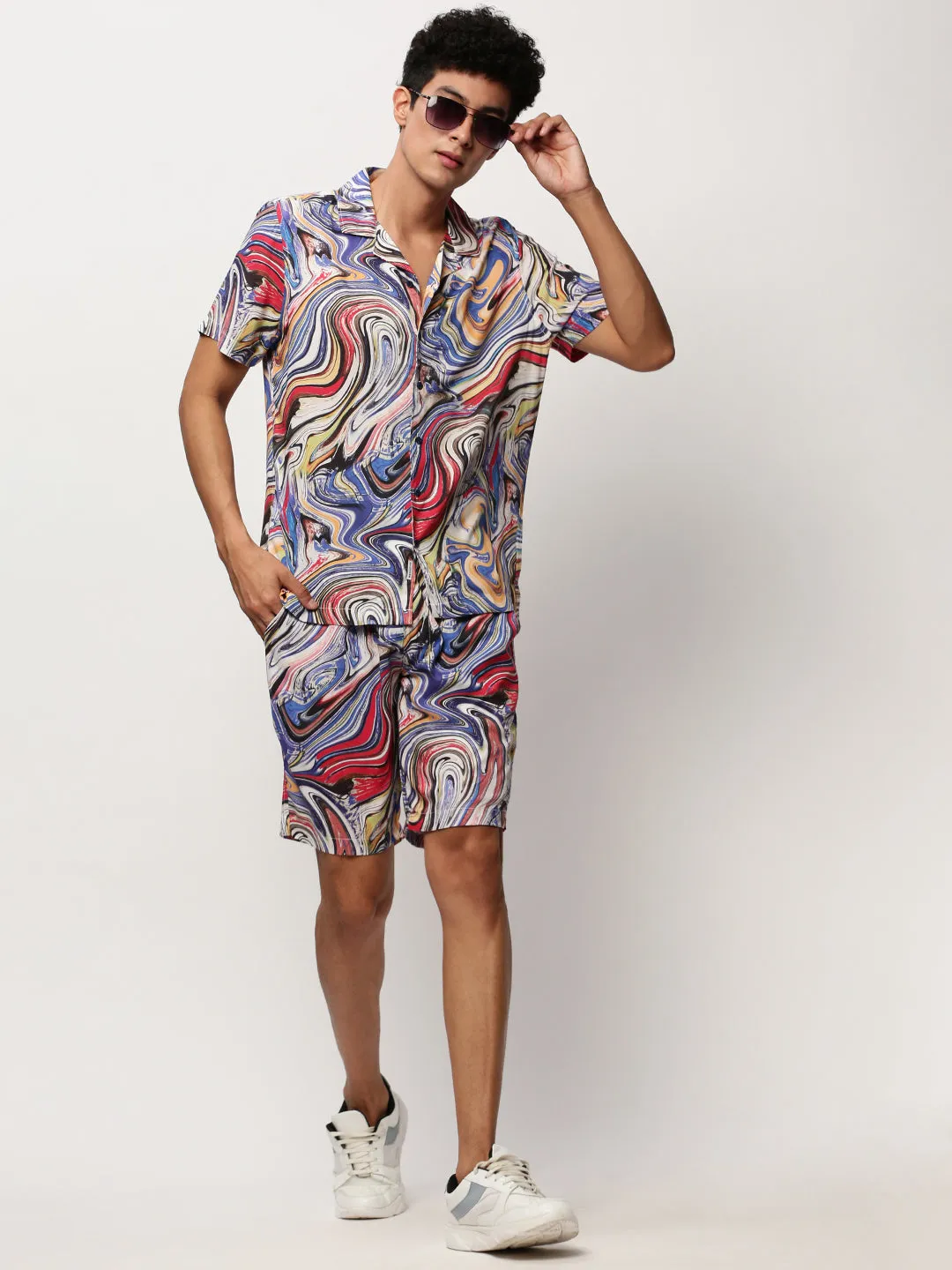 Men Blue Abstract Printed Shirt Collar Co-Ords Set