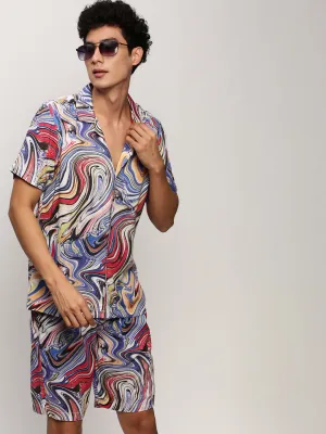 Men Blue Abstract Printed Shirt Collar Co-Ords Set