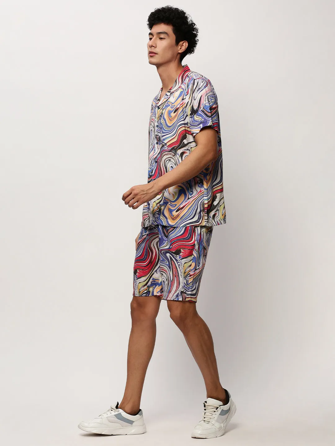 Men Blue Abstract Printed Shirt Collar Co-Ords Set