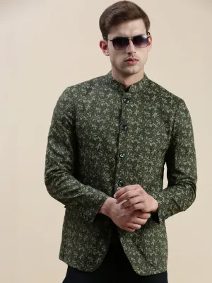 Men Olive Printed Bandhgala Blazer