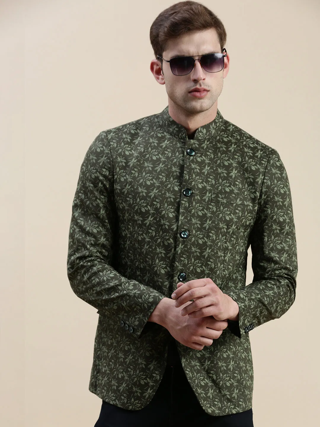 Men Olive Printed Bandhgala Blazer