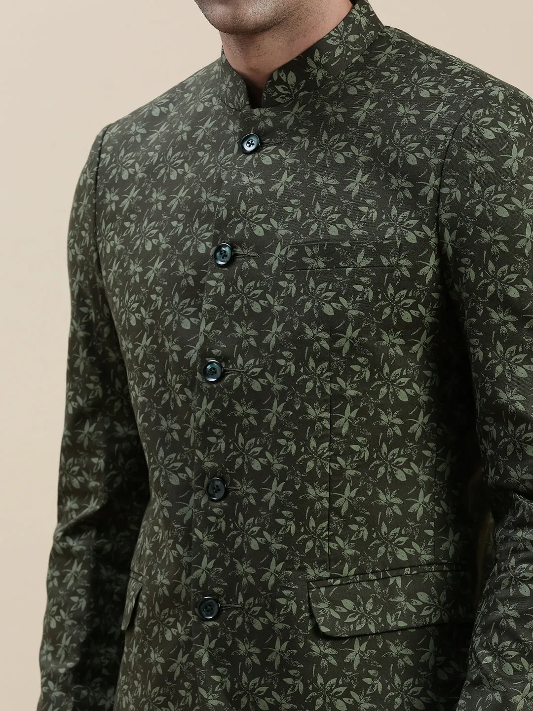 Men Olive Printed Bandhgala Blazer