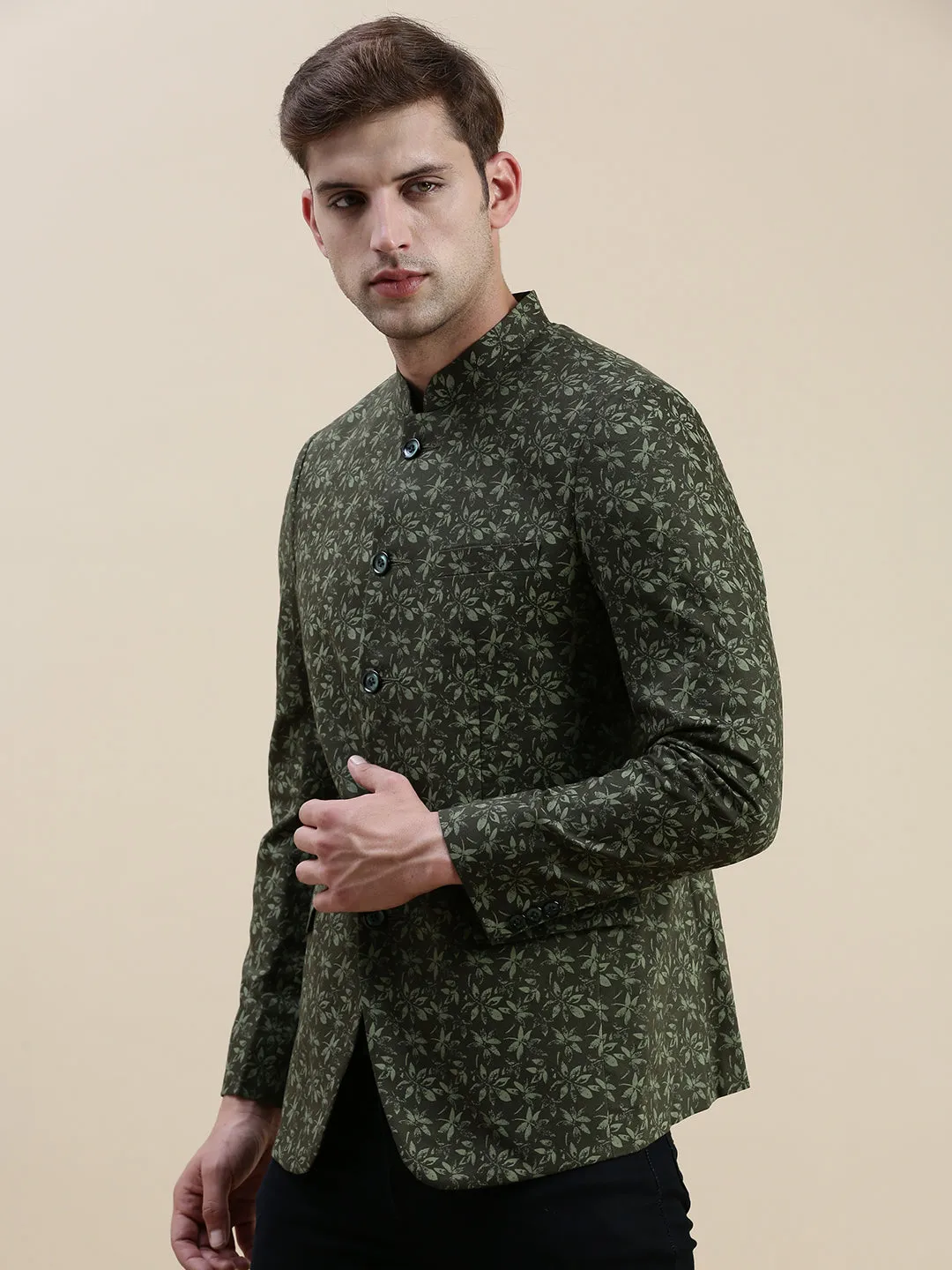 Men Olive Printed Bandhgala Blazer