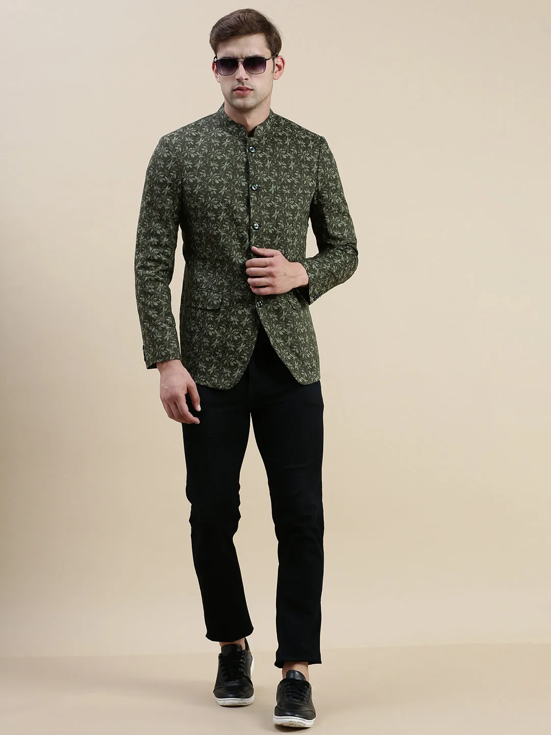 Men Olive Printed Bandhgala Blazer