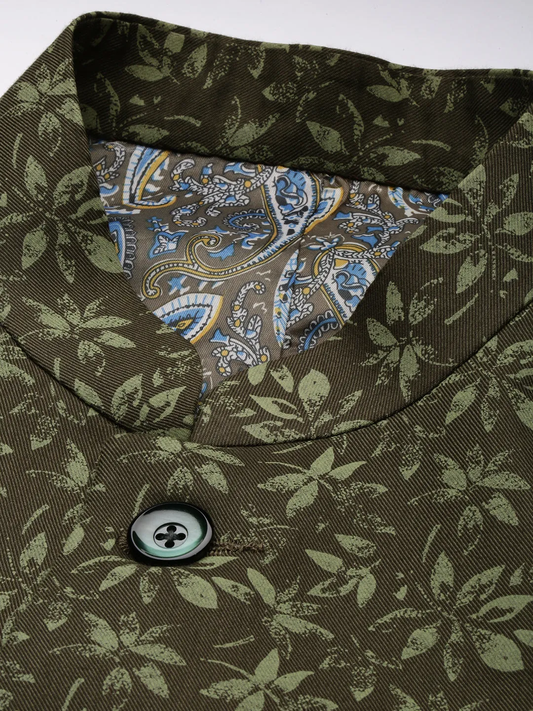 Men Olive Printed Bandhgala Blazer
