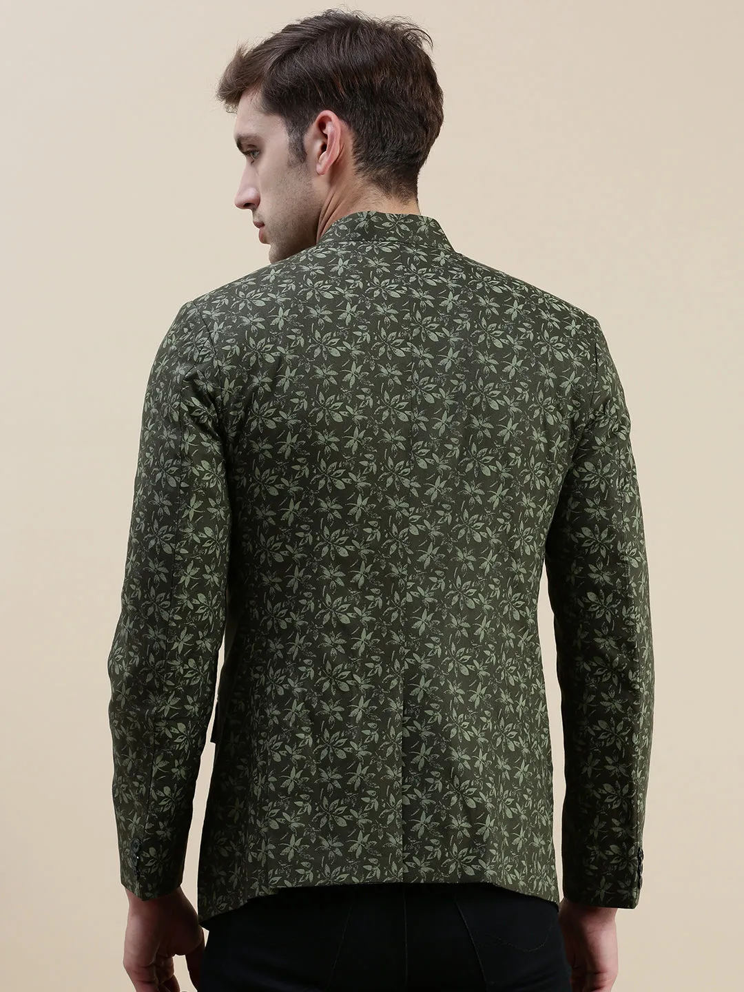 Men Olive Printed Bandhgala Blazer