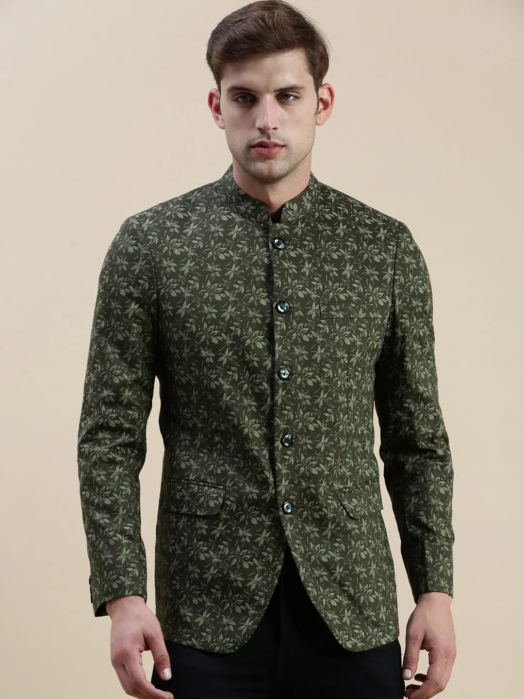 Men Olive Printed Bandhgala Blazer