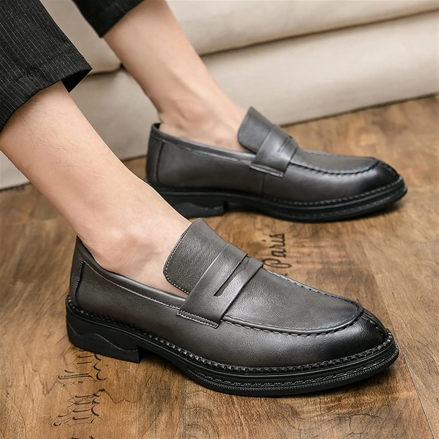 Mens Loafers Shoe Simple Slip On Penny Loafers Vegan Leather Flexible Flat Heel Anti-Slip Walking Party Slip-on