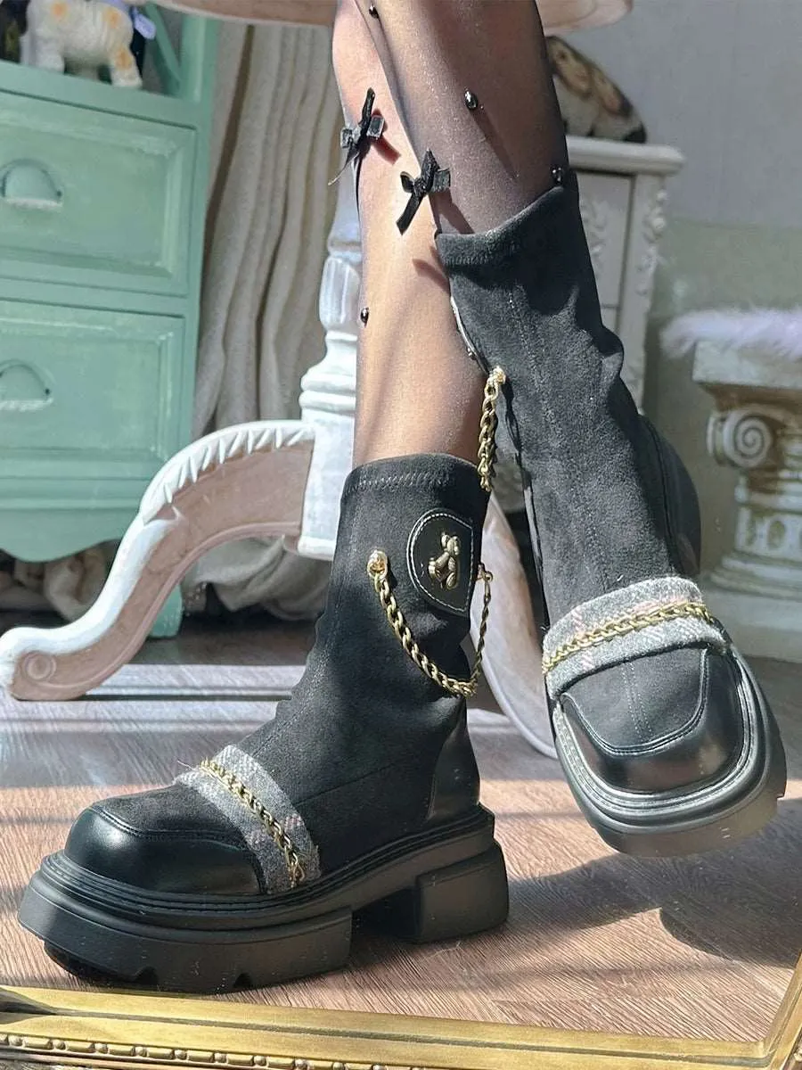 Pinky Dark Academia Winter Chains Black Brown Boots Shoes
