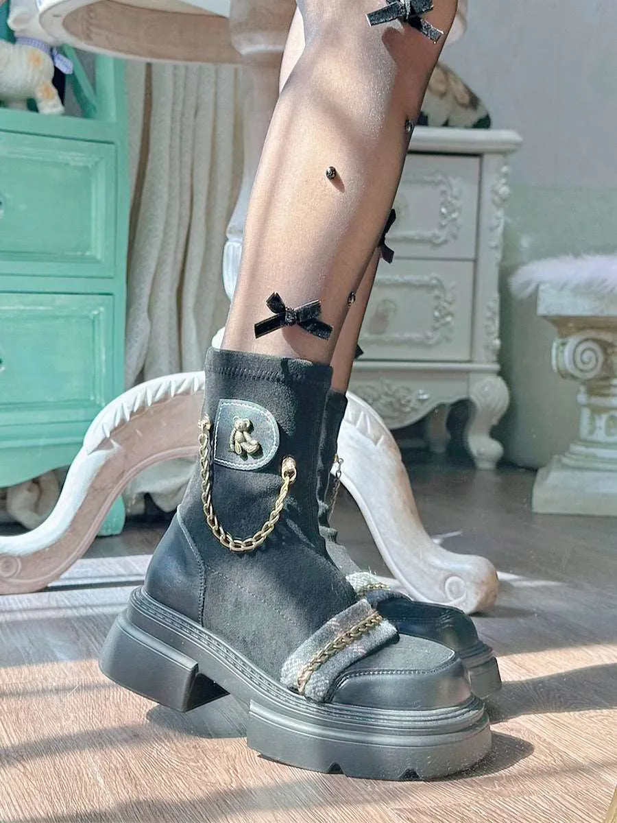 Pinky Dark Academia Winter Chains Black Brown Boots Shoes