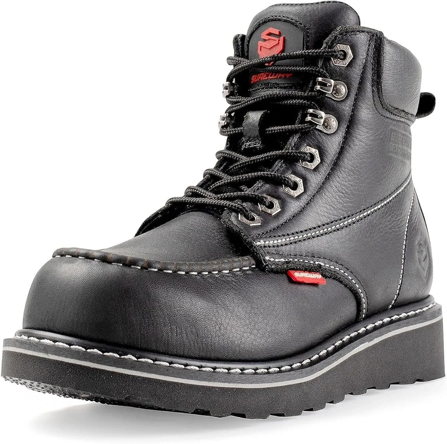 SUREWAY Mens Heavy Duty Soft/Composite/Steel Toe Work Boots for Men-Comfortable,Goodyear Welt,Full Grain Leather,6 in Wedge Moc Toe Construction Boots/Shoes,Soft Toe Black,Size 7.5