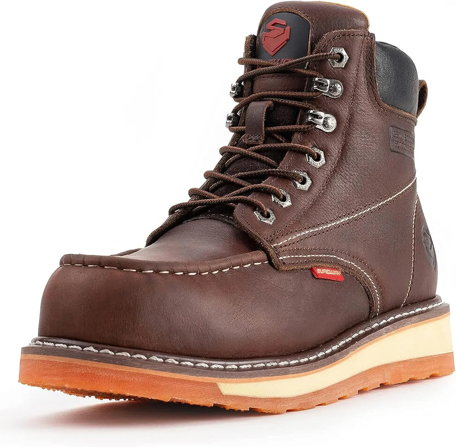 SUREWAY Mens Heavy Duty Soft/Composite/Steel Toe Work Boots for Men-Comfortable,Goodyear Welt,Full Grain Leather,6 in Wedge Moc Toe Construction Boots/Shoes,Waterproof Comp Toe Dark Brown,Size 10.5