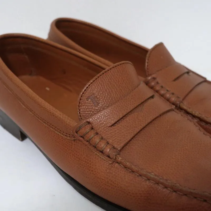 Tod's Penny Loafers Brown Grained Leather Size 9 Slip-On Flats