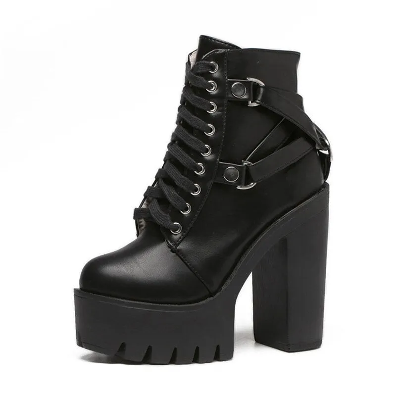 Vegan Leather Square Heel Platform Ankle Boots with Belt Accents
